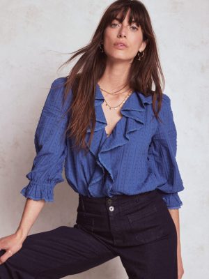 Ruffle V-Neck Blouse-Denim Blue