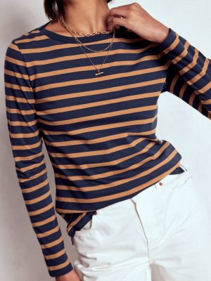 Olivia Long Sleeve Breton-Navy. Camel Stripe