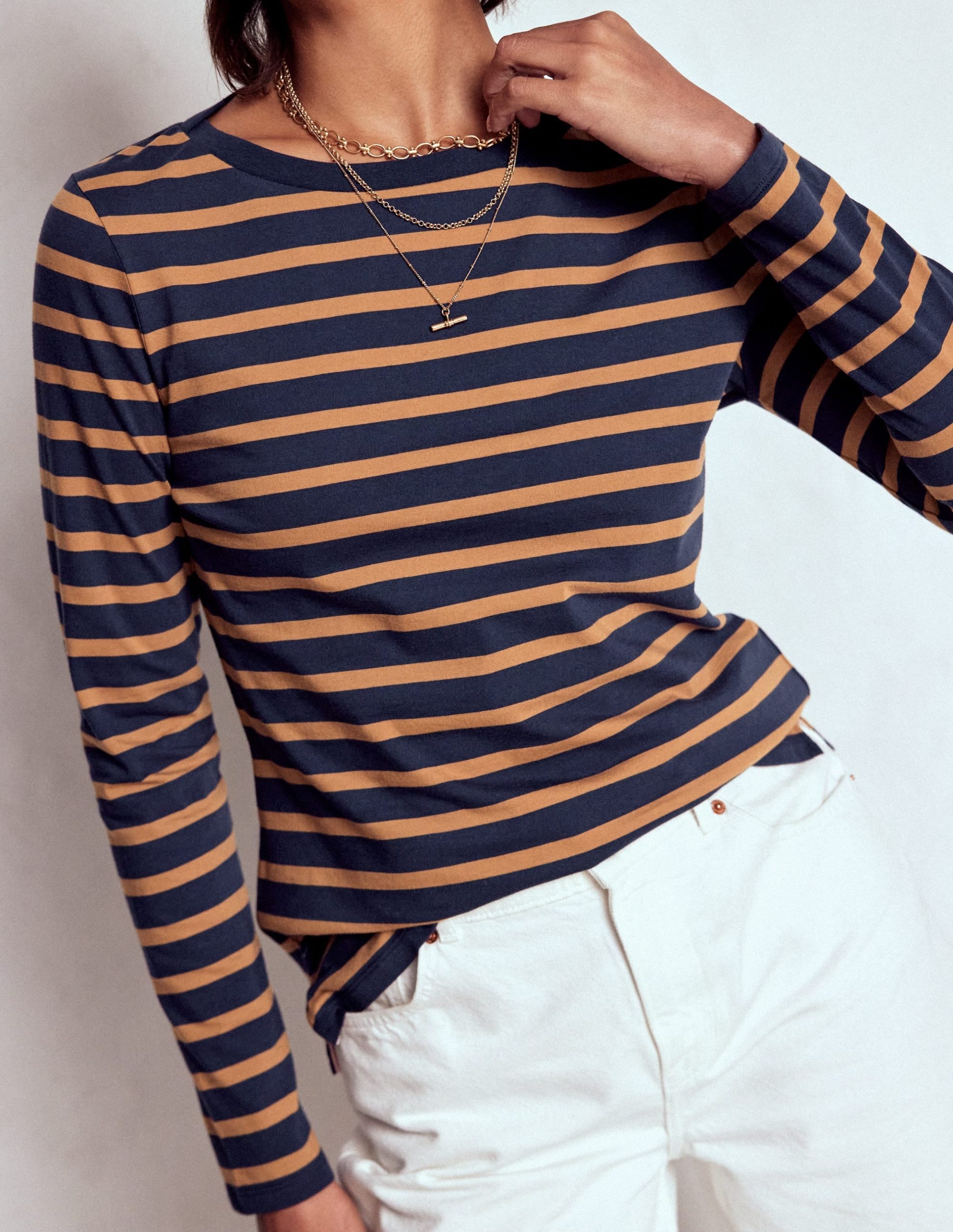 Olivia Long Sleeve Breton-Navy. Camel Stripe