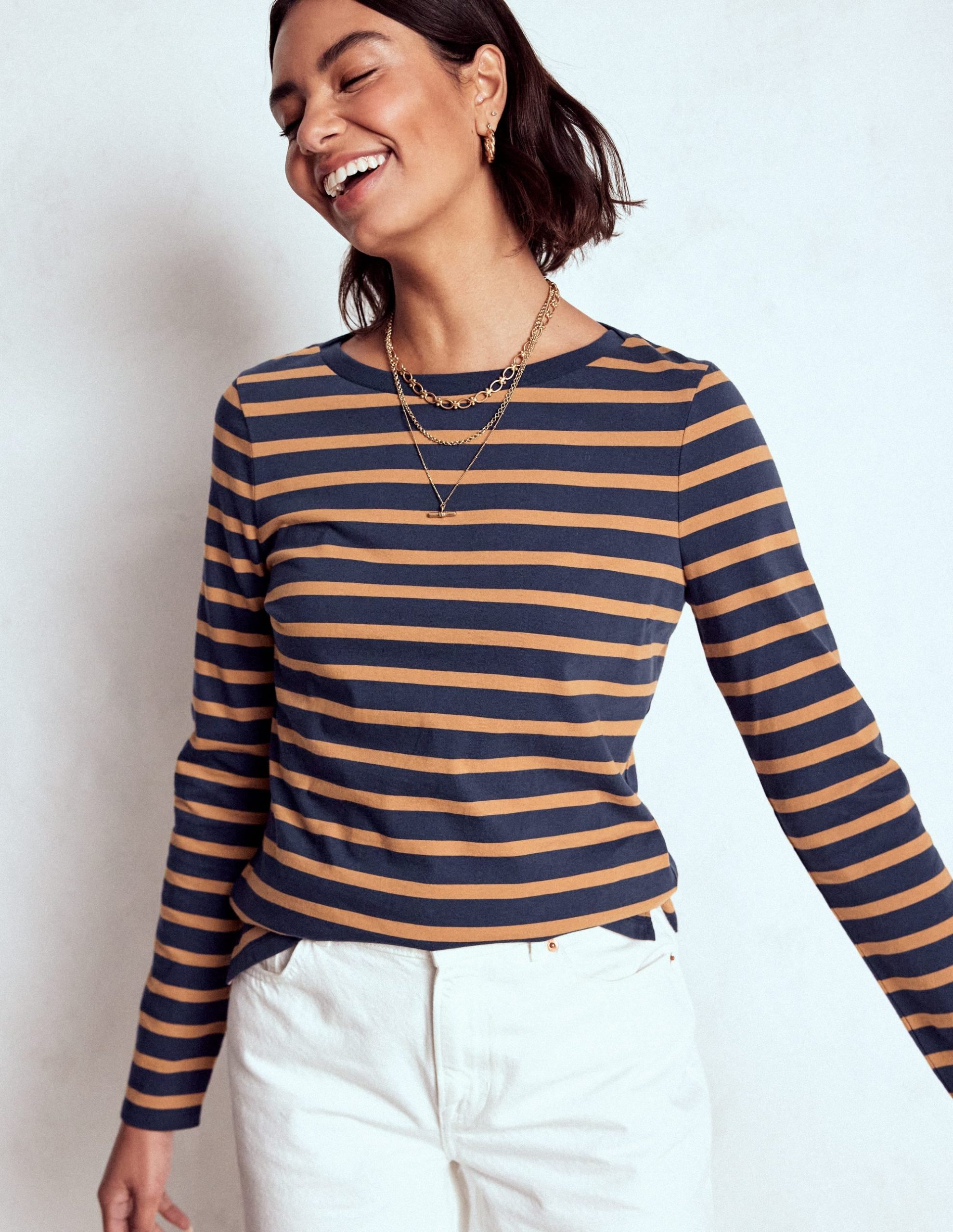Olivia Long Sleeve Breton-Navy. Camel Stripe - Image 2