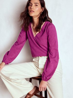 Metallic Trim V-neck Top-Rich Magenta