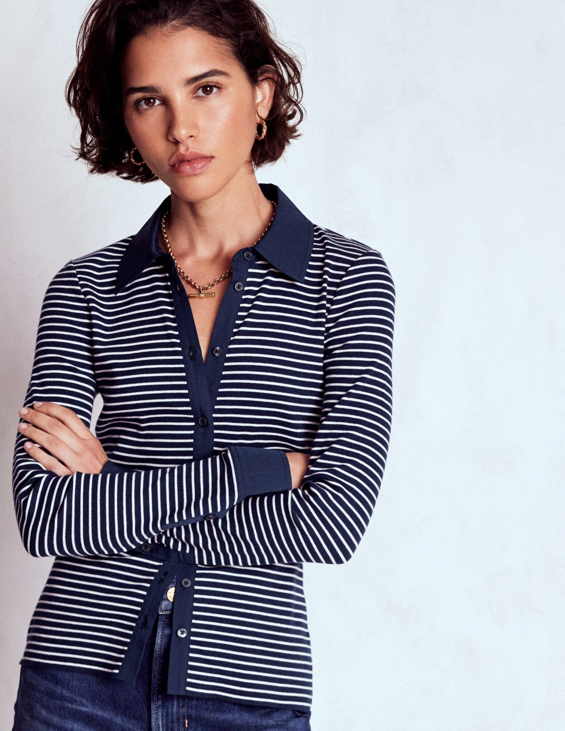 Collared Button Through Top-Navy and Ivory Stripe - Image 4