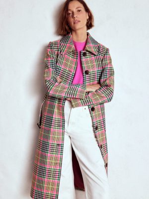 Lancaster Belted Mac-Brown. Neon Pink Check
