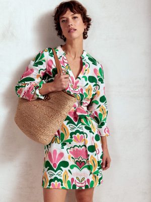 Cleo Linen Tie Waist Dress-Multi. Freesia Stamp