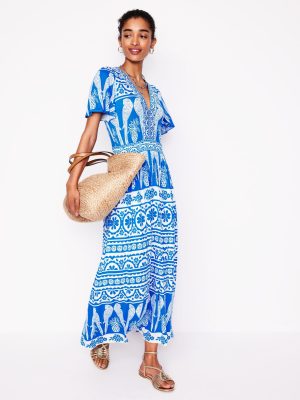 Ellie Flutter Maxi Tea Dress-Cerulean Blue. Ornate Tropics