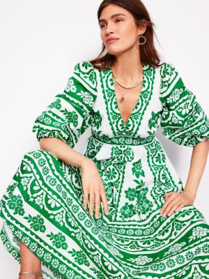 Lola Blouson Maxi Dress-Rich Emerald. Ornate Tropics