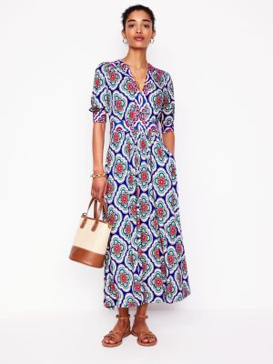 Lily Jersey Midi Tea Dress-Bright Blue. Botanic Blush
