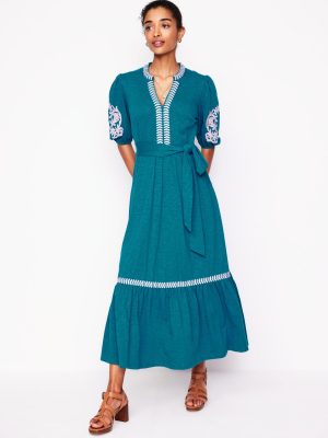Amara Embroidered Jersey Dress-Deep Sea. Meadowsweet Pink