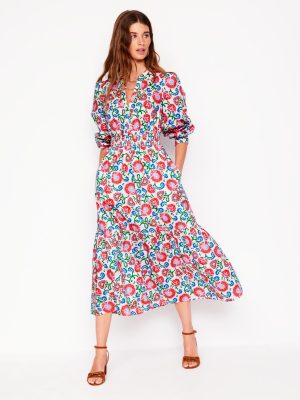 Elena Tiered Cotton Midi Dress-Ivory. Garden Vine