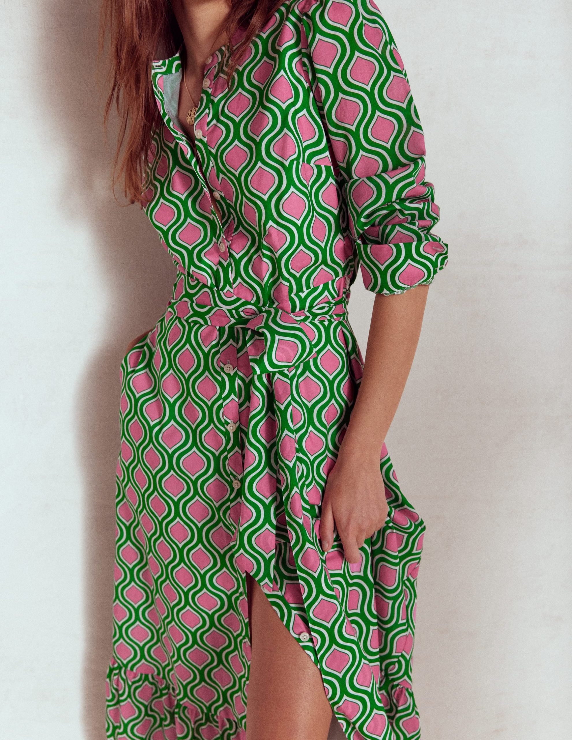 Mia Tiered Shirt Dress-Rich Emerald. Geo Trellis - Image 2