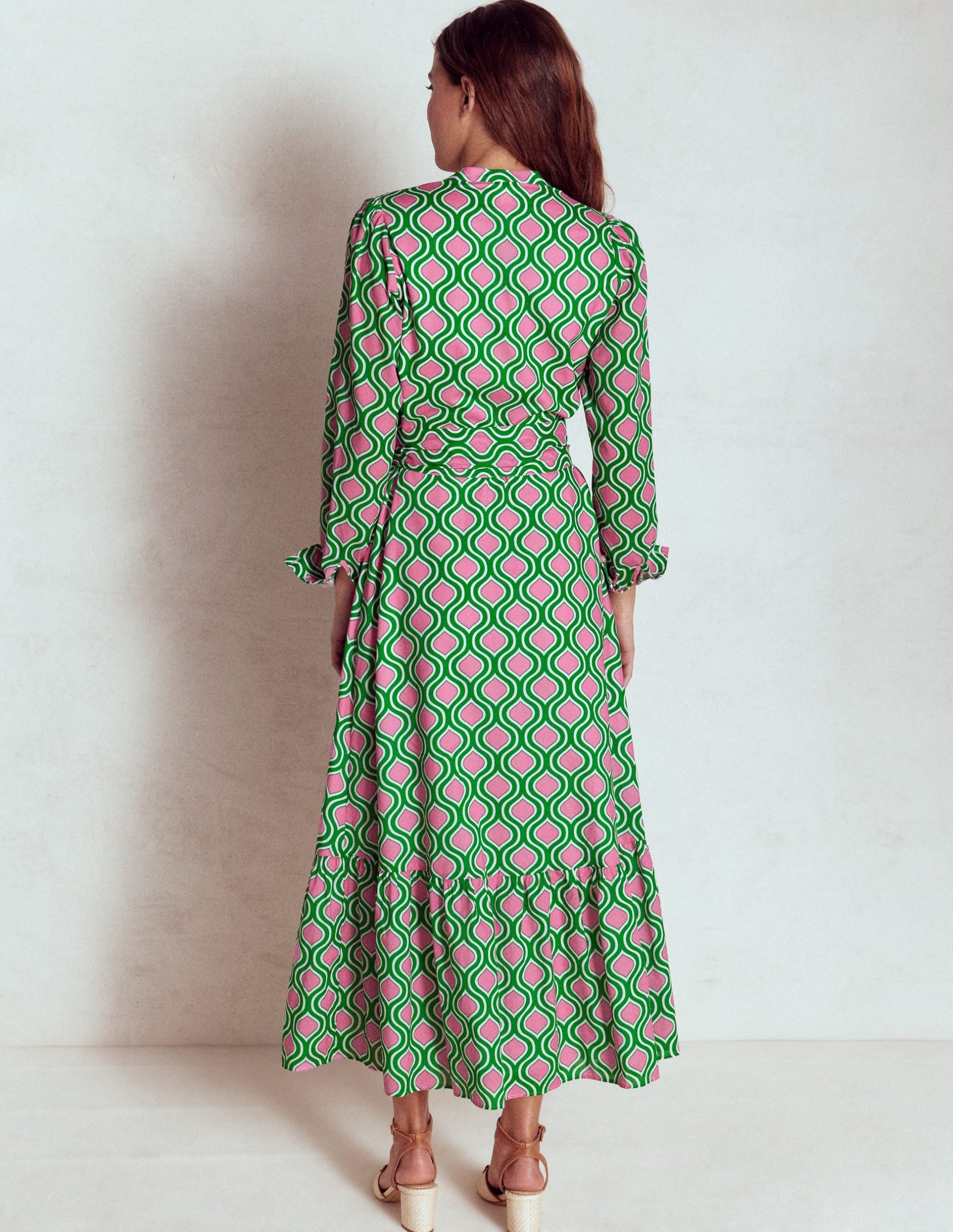 Mia Tiered Shirt Dress-Rich Emerald. Geo Trellis - Image 3