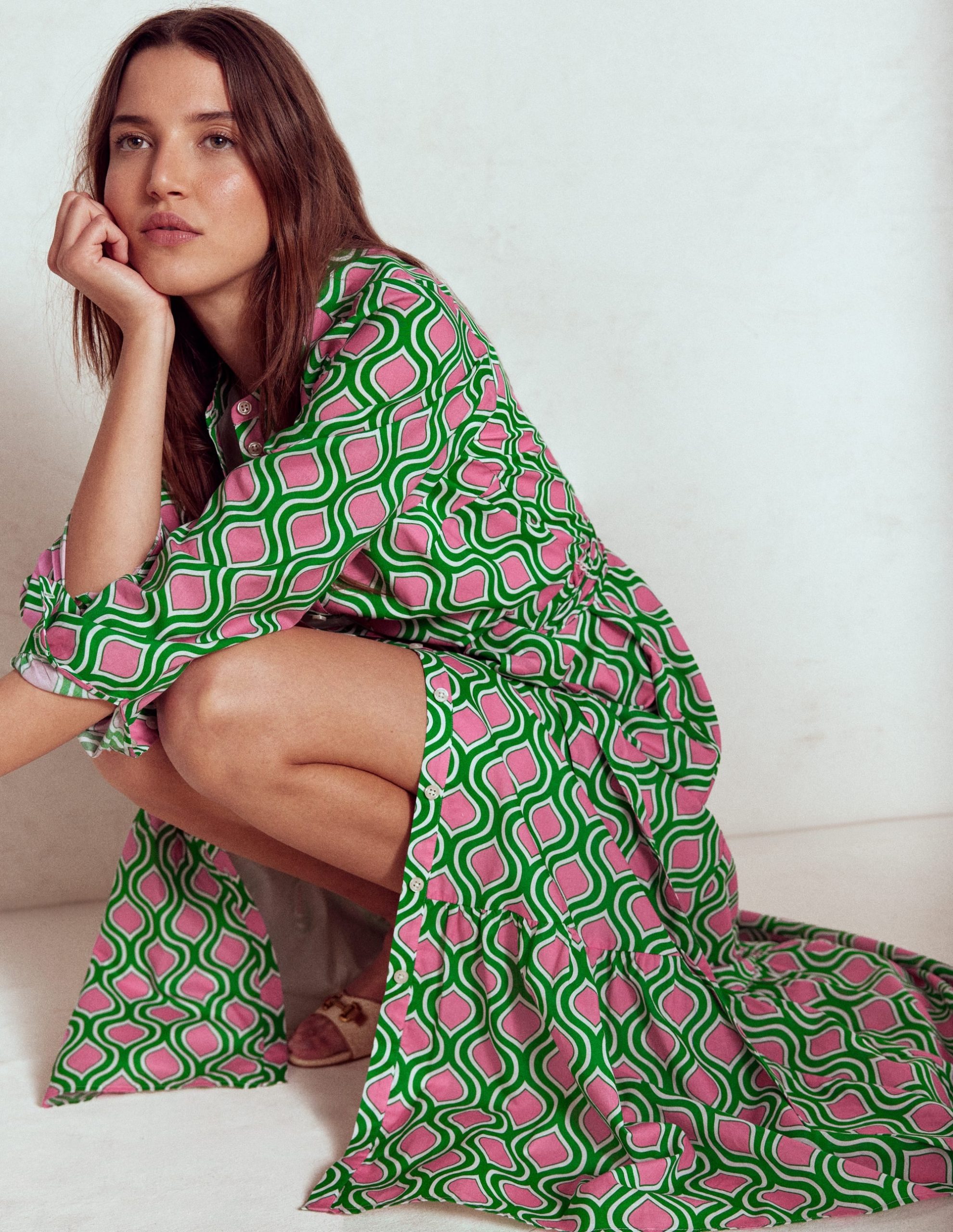 Mia Tiered Shirt Dress-Rich Emerald. Geo Trellis - Image 4