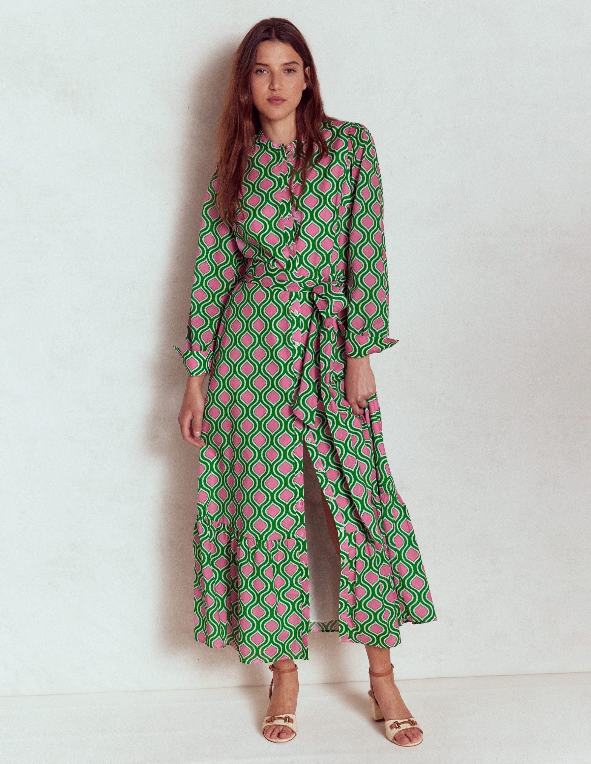 Mia Tiered Shirt Dress-Rich Emerald. Geo Trellis - Image 5