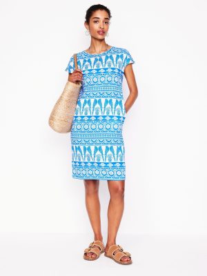 Leah Jersey T-shirt Dress-Cerulean Blue. Ornate Tropic