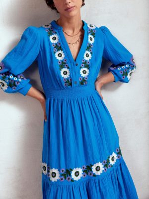 Elena Double Cloth Midi Dress-Blue Embroidery
