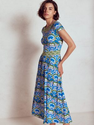 Melanie Jersey Midi Dress-Kingfisher Blue. Freesia Stamp