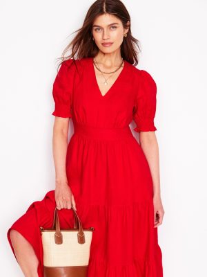 Anna Linen Tiered Midi Dress-Poppy Red
