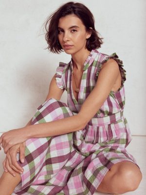 Wren Double Cloth Midi Dress-Pink and Green Multigingham