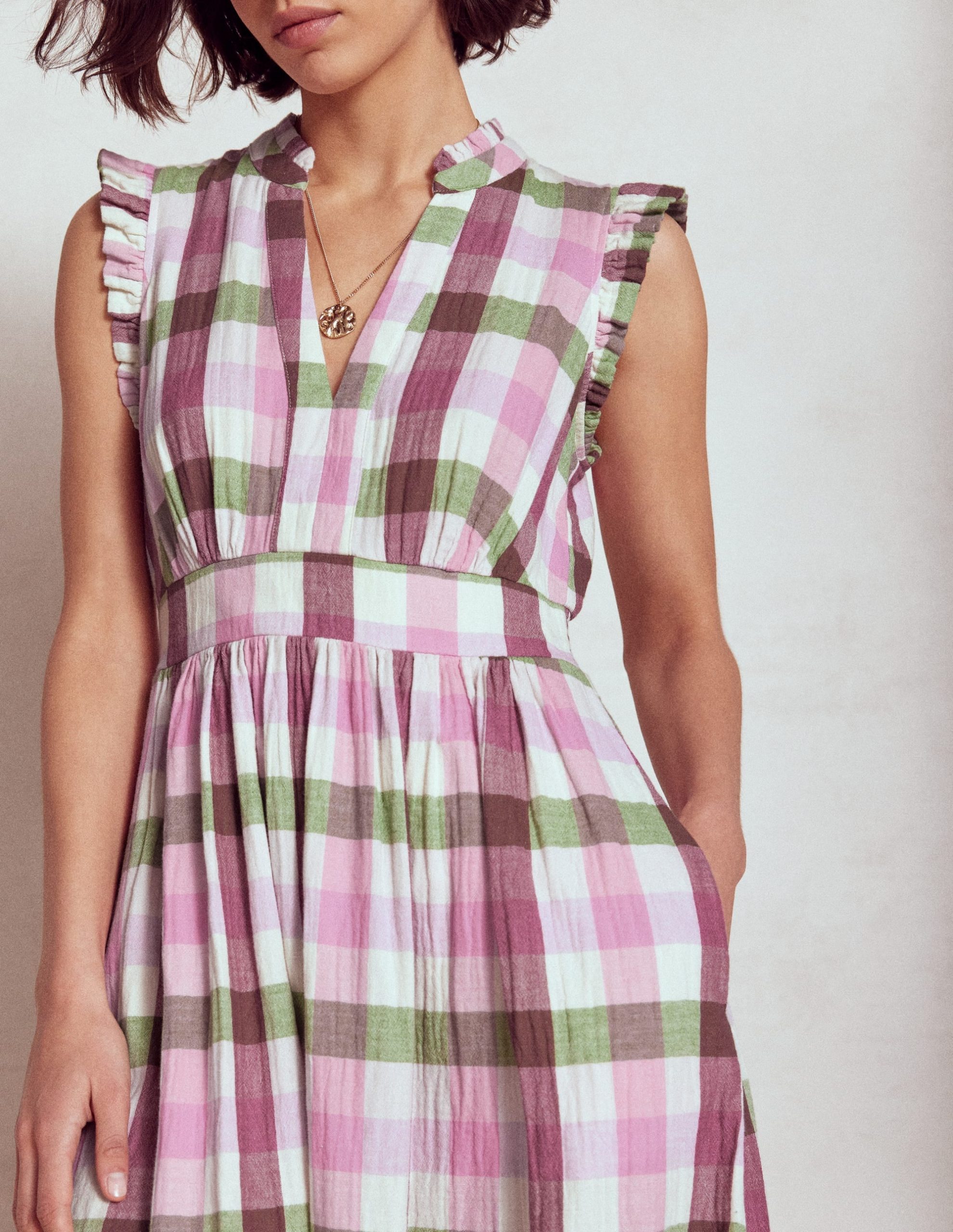 Wren Double Cloth Midi Dress-Pink and Green Multigingham - Image 3