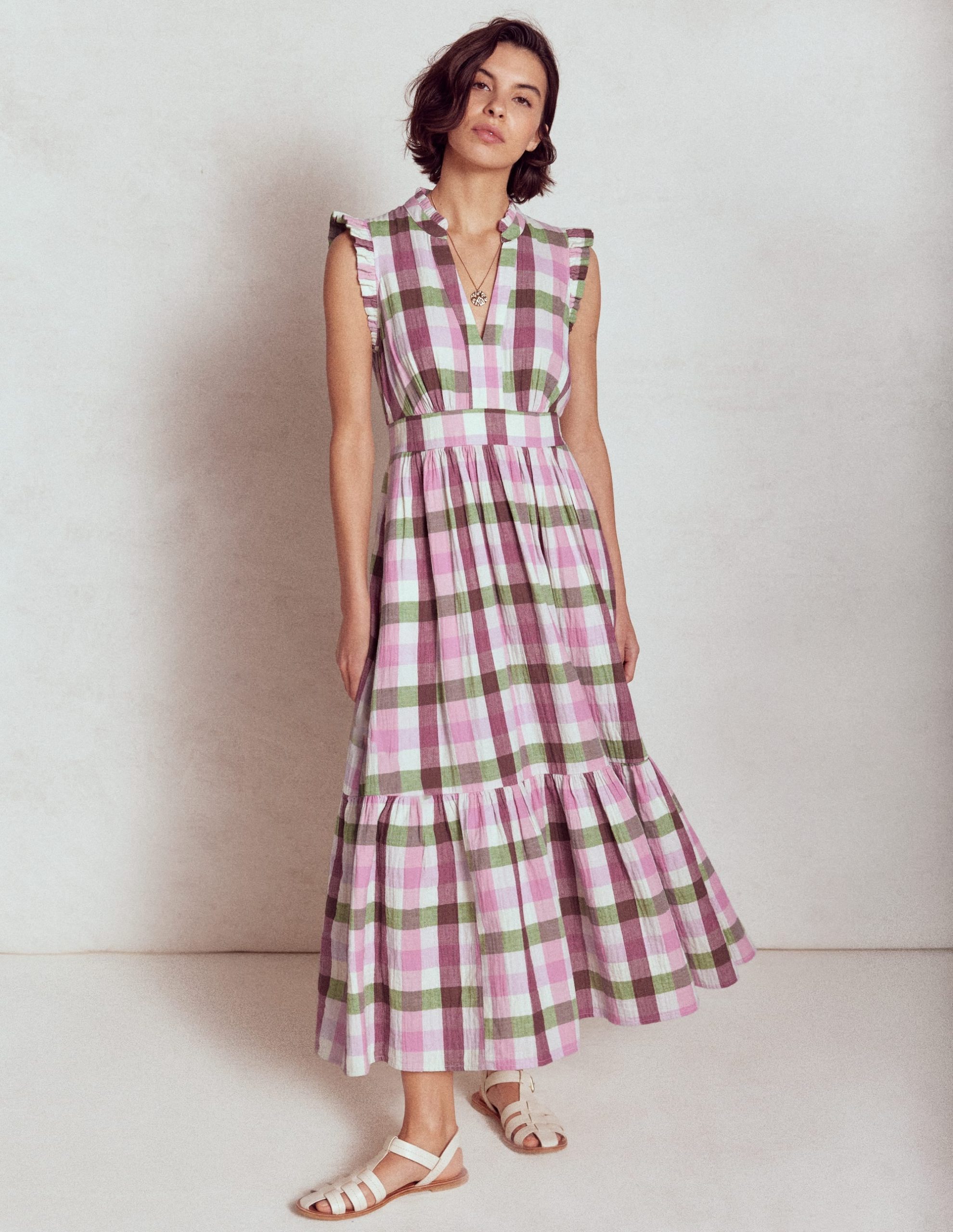 Wren Double Cloth Midi Dress-Pink and Green Multigingham - Image 5