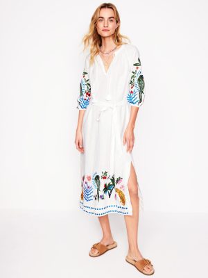 Embroidered Linen Tassel Dress-Ivory