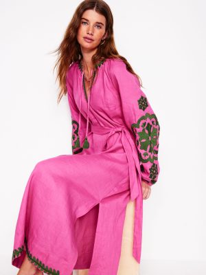 Embroidered Linen Tassel Dress-Sorbet Pink