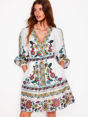 Mya Cotton Short Dress-Ivory. Botanical Sprig