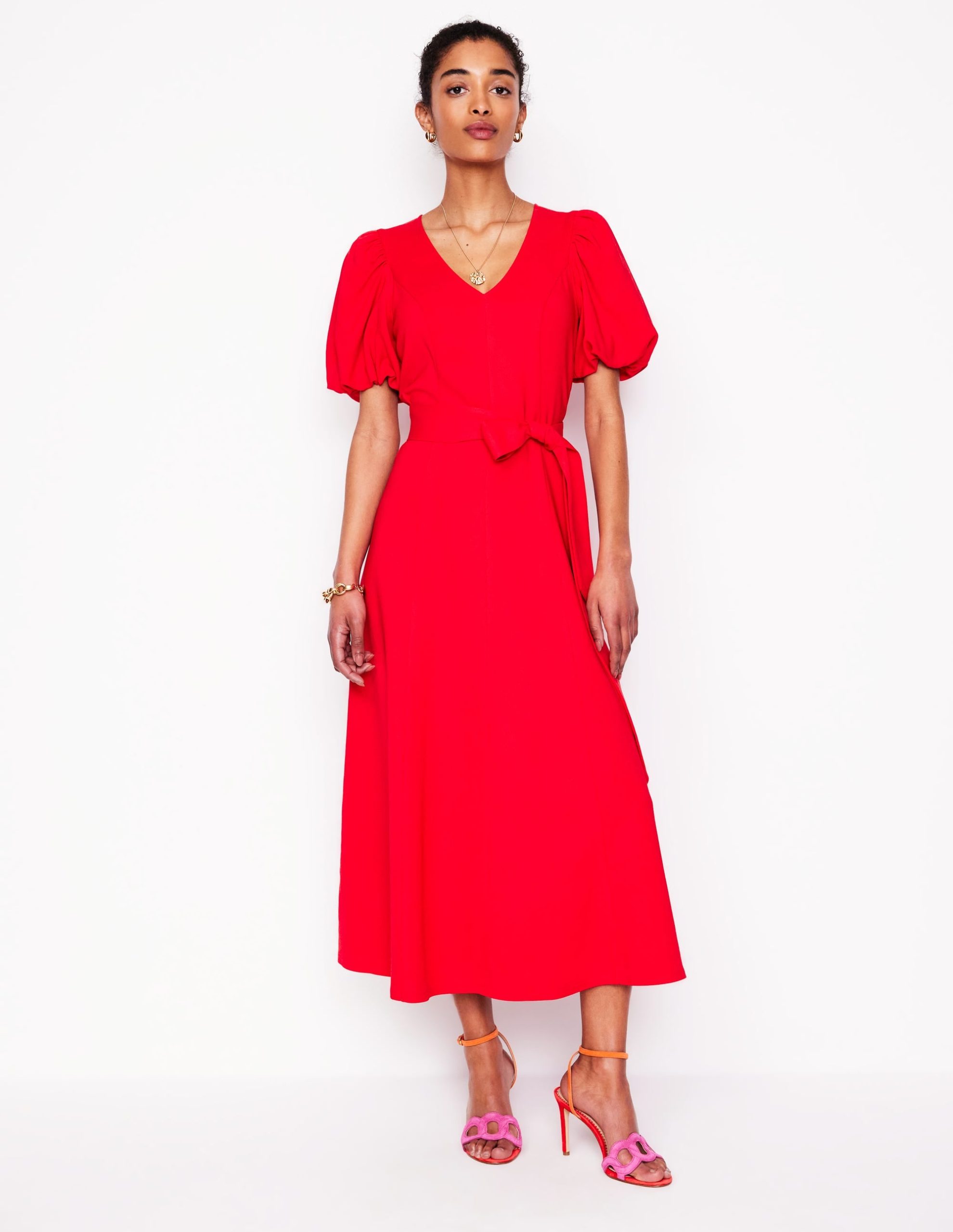 Volume Sleeve Midi Dress-Poppy Red