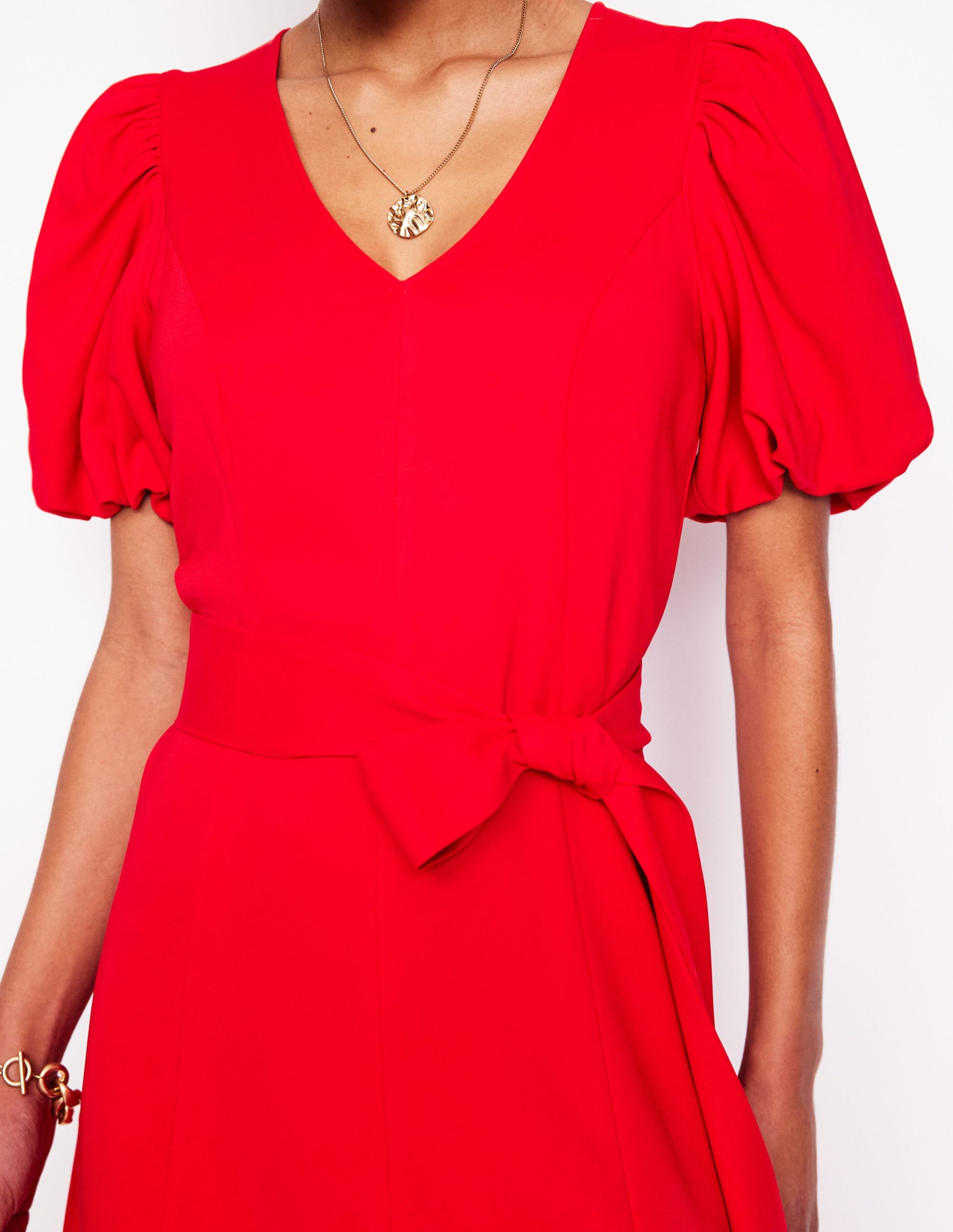 Volume Sleeve Midi Dress-Poppy Red - Image 2