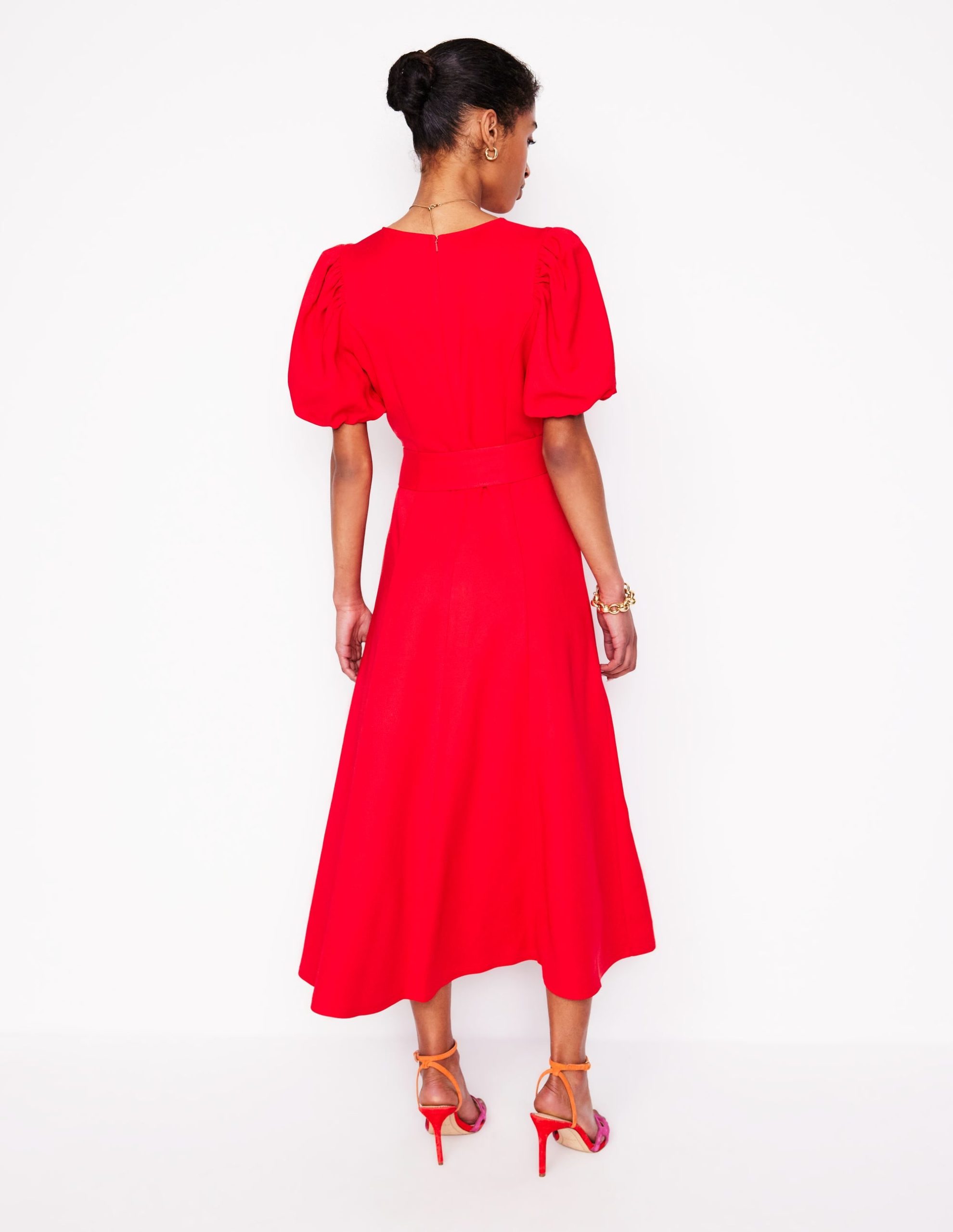 Volume Sleeve Midi Dress-Poppy Red - Image 3