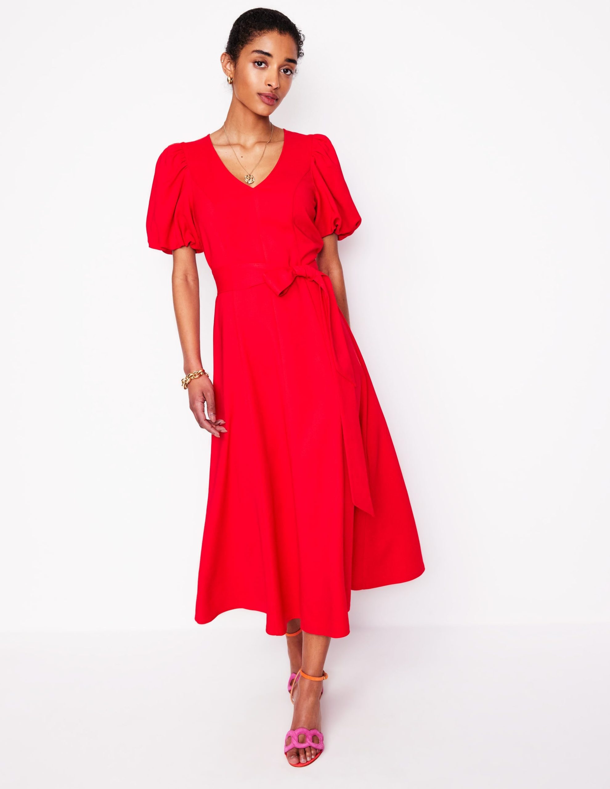 Volume Sleeve Midi Dress-Poppy Red - Image 4