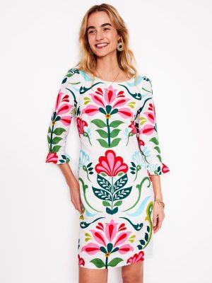 Linen Flute Sleeve Dress-Ivory. Decorative Stems