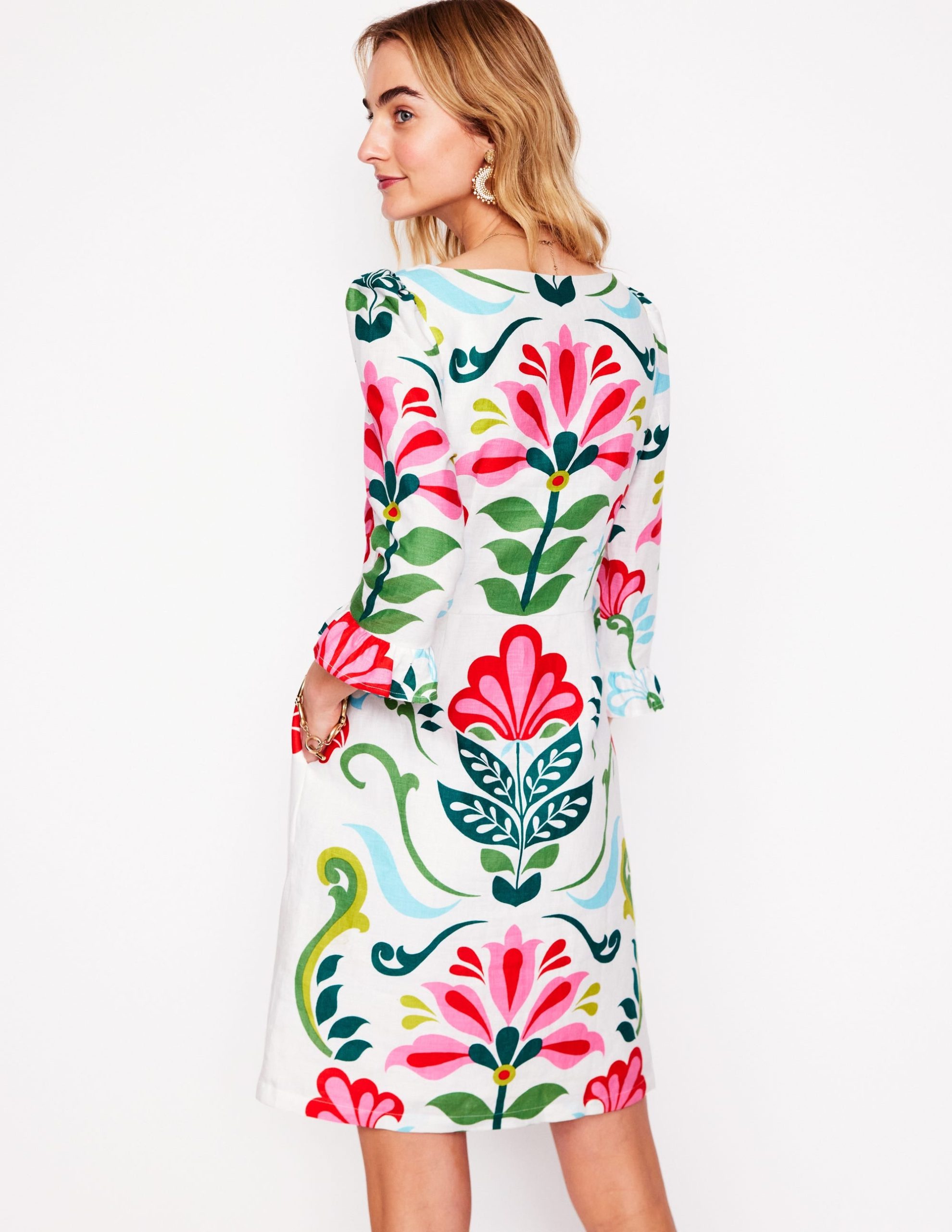 Linen Flute Sleeve Dress-Ivory. Decorative Stems - Image 3