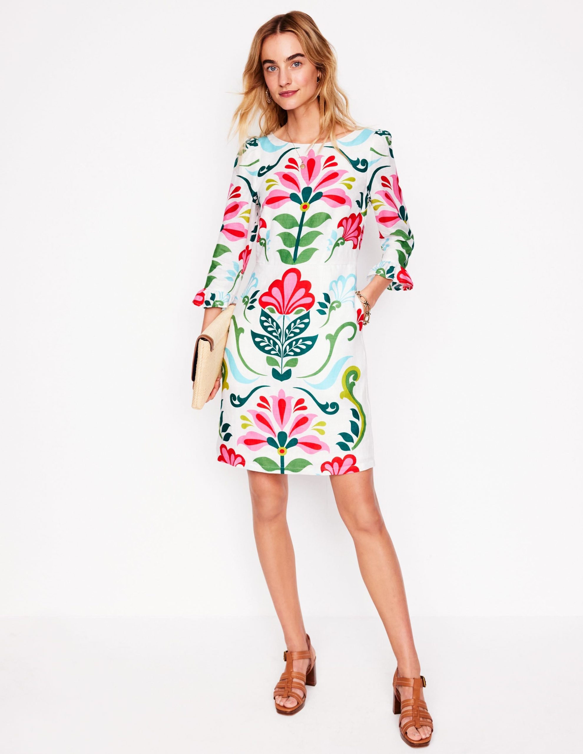 Linen Flute Sleeve Dress-Ivory. Decorative Stems - Image 4