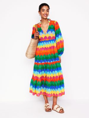 V-Neck Tiered Cotton Kaftan-Multi. Scallop Stripe