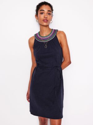 Eleni Embroidered Short Dress-Navy