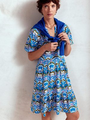 Piper Short Jersey Dress-Kingfisher Blue. Freesia Stamp