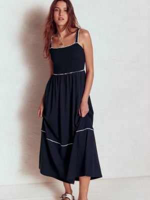 Smocked Trim Maxi Dress-Navy