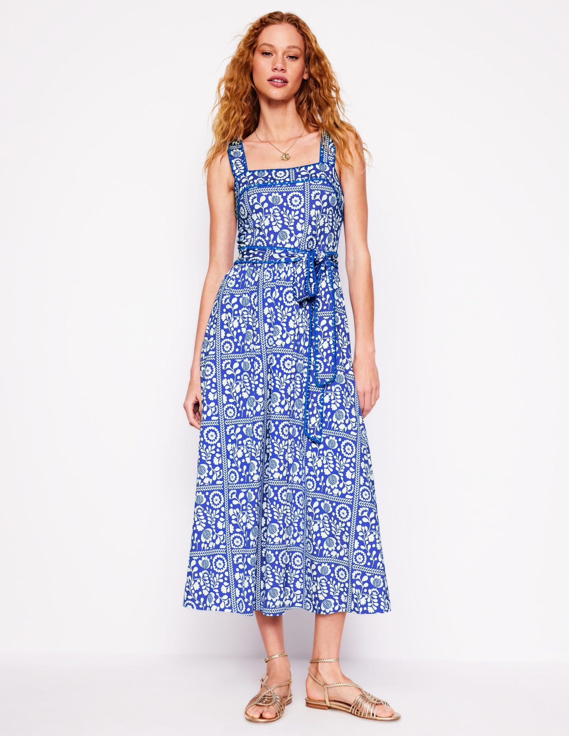 Square Neck Seam Midi Dress-Gallery Blue. Vine Tile