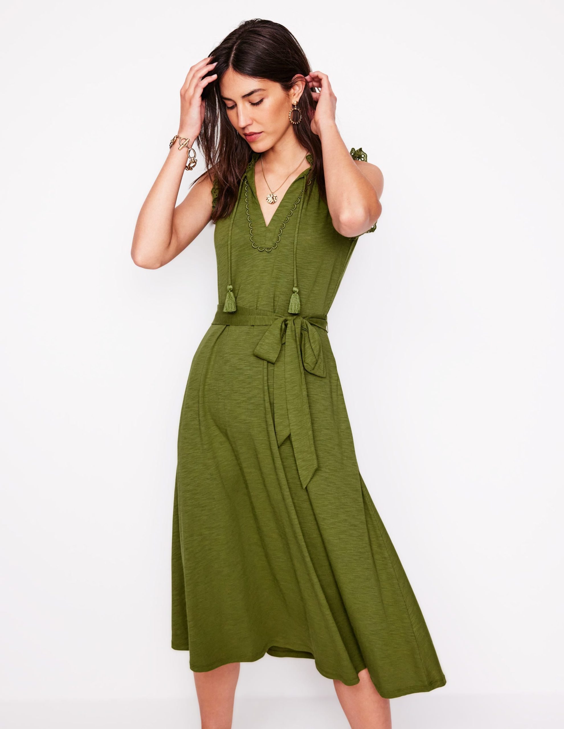 Aria Broderie Trim Midi Dress-Deep Olive - Image 4