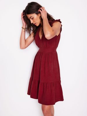 Wren Double Cloth Short Dress-Garnet Red