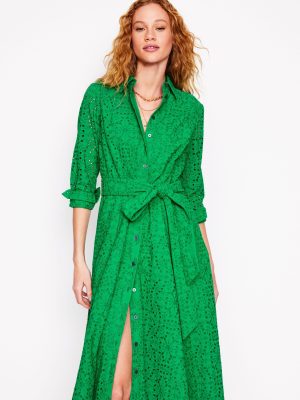Amy Broderie Midi Shirt Dress-Rich Emerald