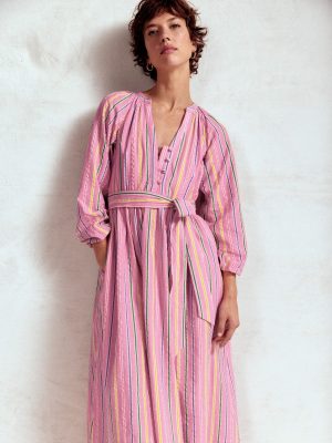 Faye Cotton Maxi Dress-Sorbet Pink. Seersucker Stripe