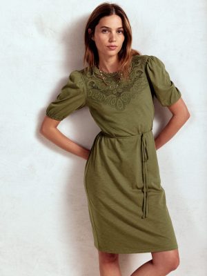 Cutwork Detail Short Dress-Woodland Green