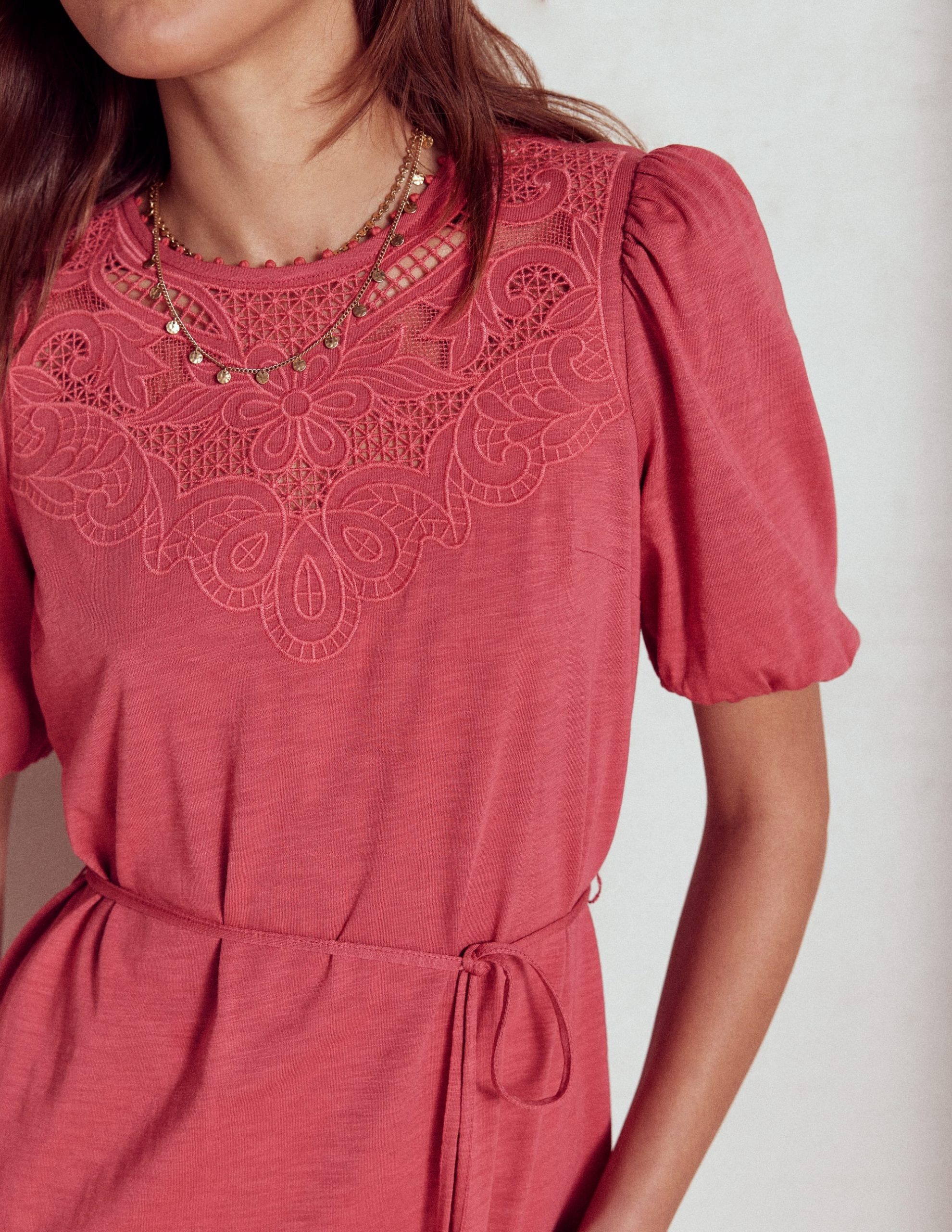 Cutwork Detail Short Dress-Terracotta - Image 2