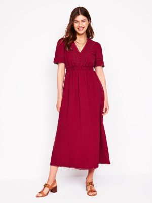 Trim Double Cloth Dress-Garnet Red