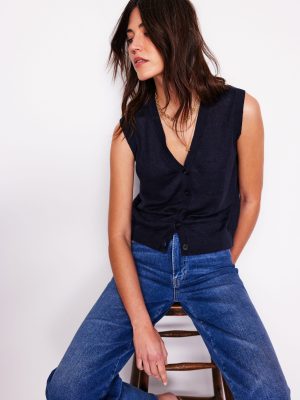 V-Neck Linen Waistcoat-Navy