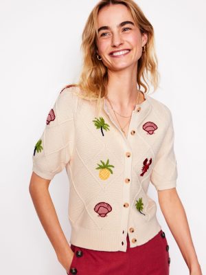 Embroidered T-Shirt Cardigan-Warm Ivory. Tropical Bonanza