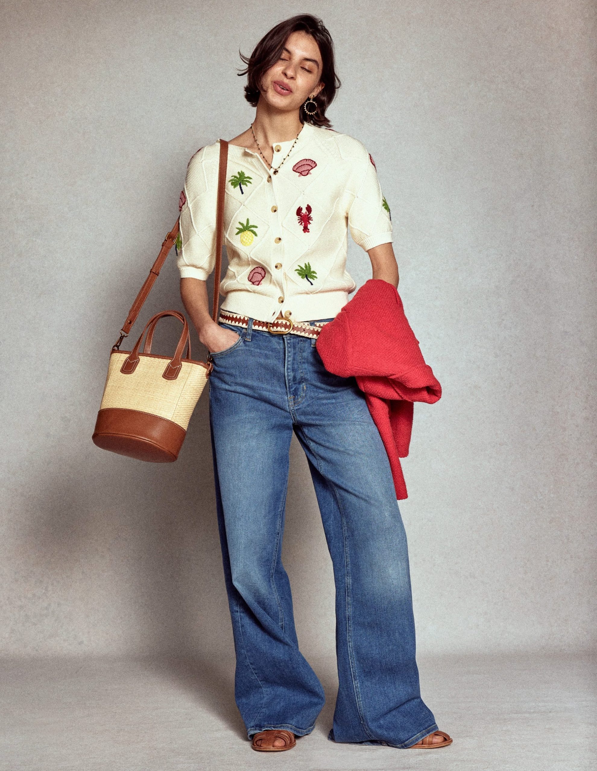 Embroidered T-Shirt Cardigan-Warm Ivory. Tropical Bonanza - Image 6