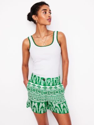 Westbourne Linen Shorts-Rich Emerald. Ornate Tropics